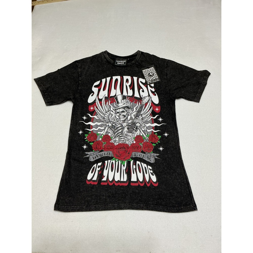 Super Massive Sunrise Graphic T-Shirt Small Black Acid Wash Skeleton Guitar NWT